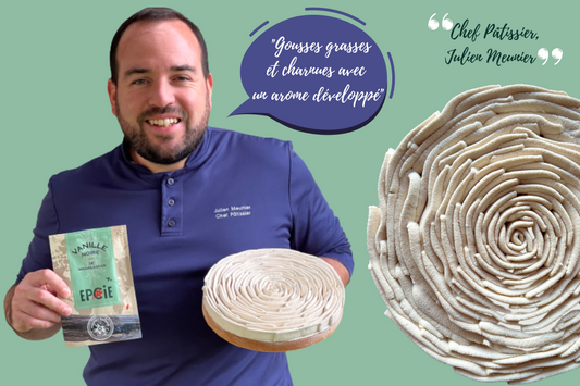 julien meunier chef pâtissier en photo avec son gâteau à la vanille EPCIE