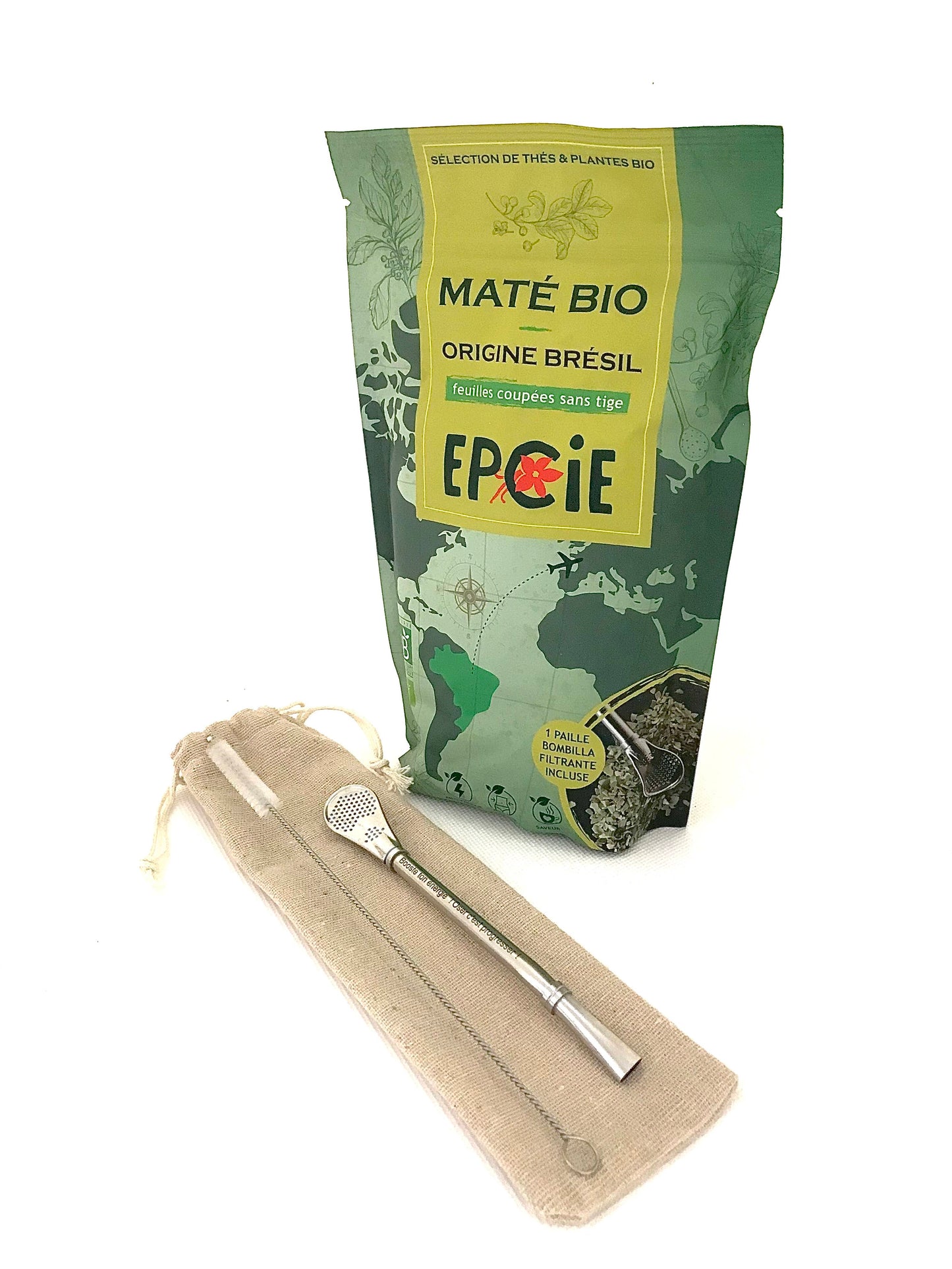 kit complet epcie avec maté vert bio et cuillère paille filtrante personnalisée et goupillon de nettoyage